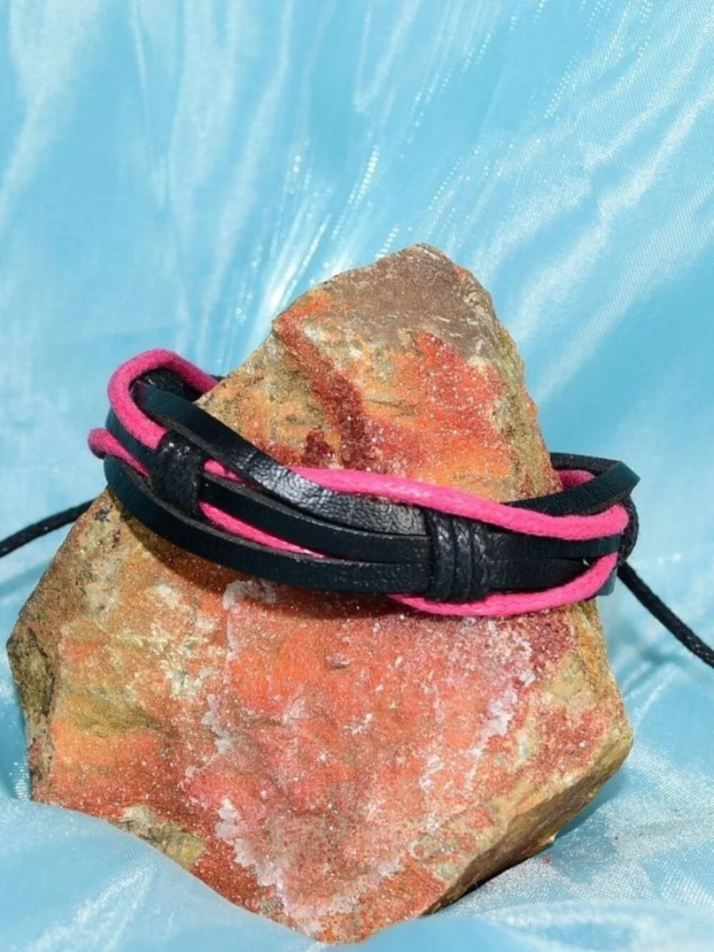 Aubrey Logan Multi Layer Leather Bracelet Black and Pink Mens Gift Boxed